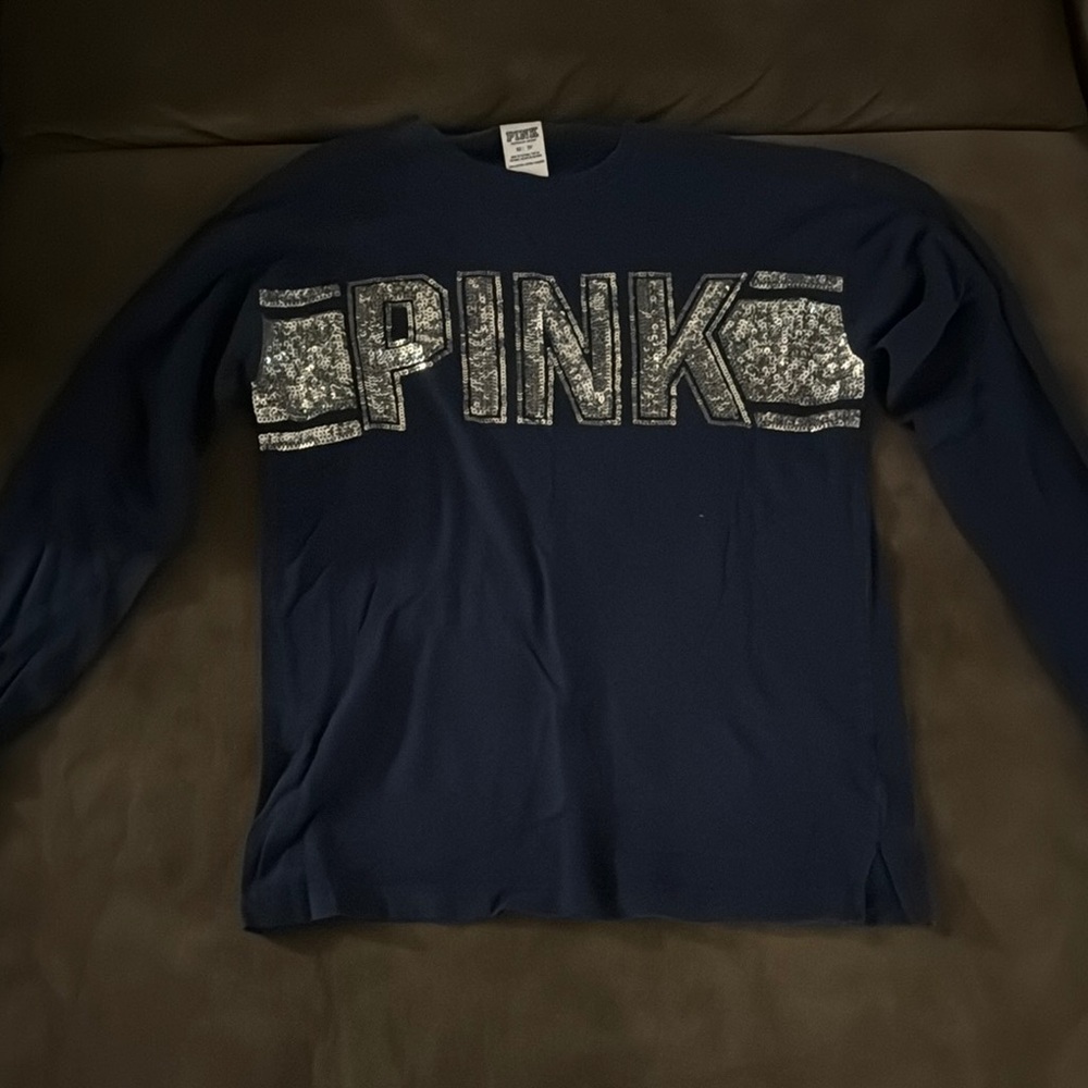 Navy Long Sleeve with Silver Sequin 'PINK'